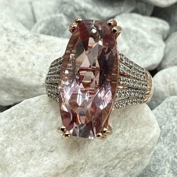 Morganite Cushion Cut Ring Rose Gold Over Sterling CZ Pave Size 7 - Picture 4 of 17